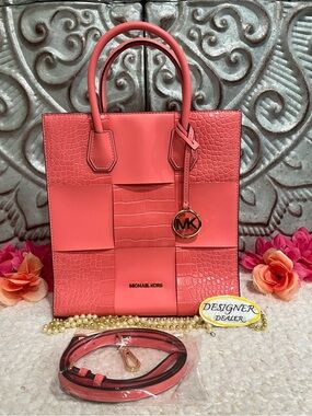 MICHAEL KORS Mercer Medium Woven Shopper Tote Grapefruit PRISTINE!💎💎